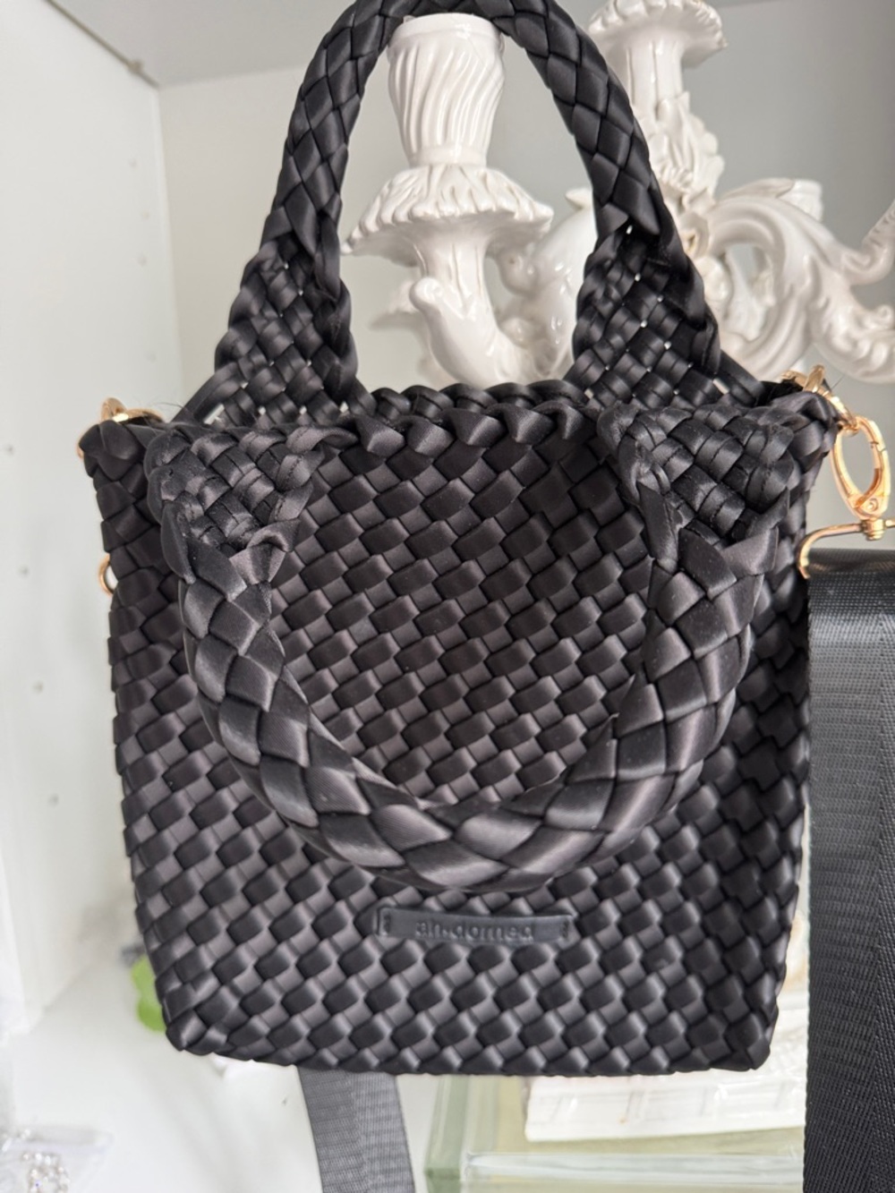 Black Woven Tote Bag with Shoulder Strap - ah-dorned 10”x10”New - Picture 2 of 4